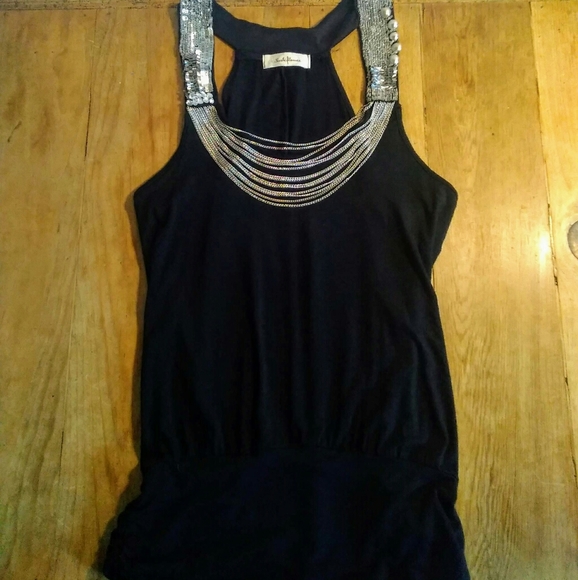 🍀🌸 Black Sleeveless Top Sequins/chains M - Picture 1 of 5